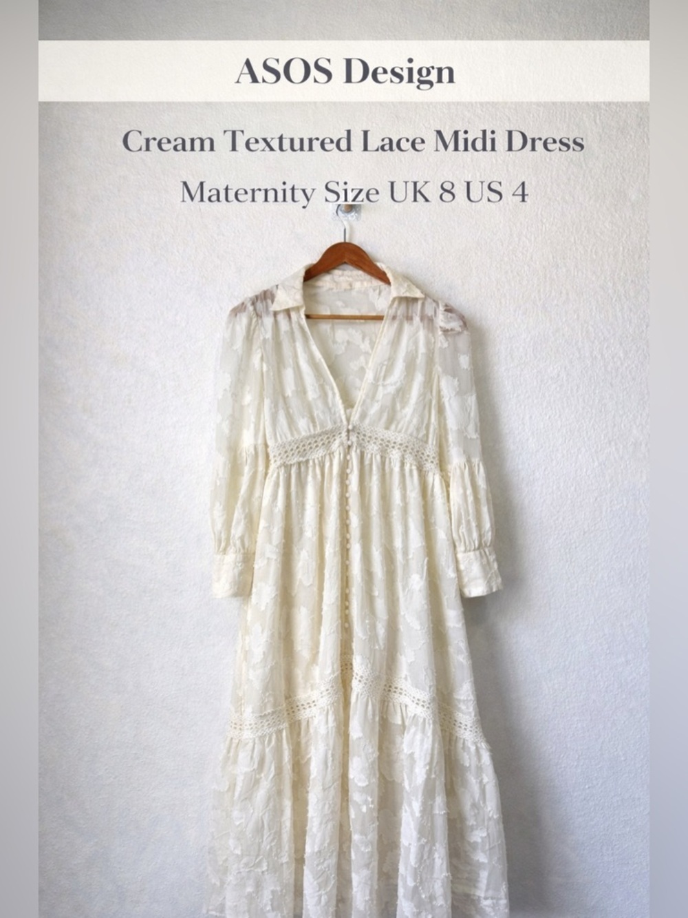 ASOS Design Cream Textured Lace Midi Dress Maternity Size US 4